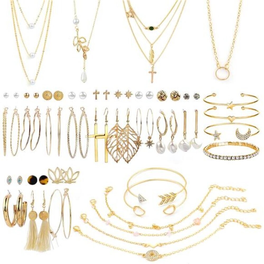 Gold Boho Jewelry Set - Collection with Necklaces, Earrings, Bracelets & Rings